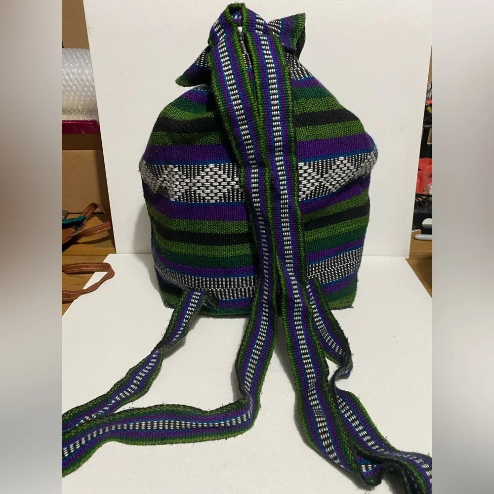 Mexico Beach Textile Hippie Baja Tote Backpack Bag Blanket Purse Purple Green - Picture 2 of 5